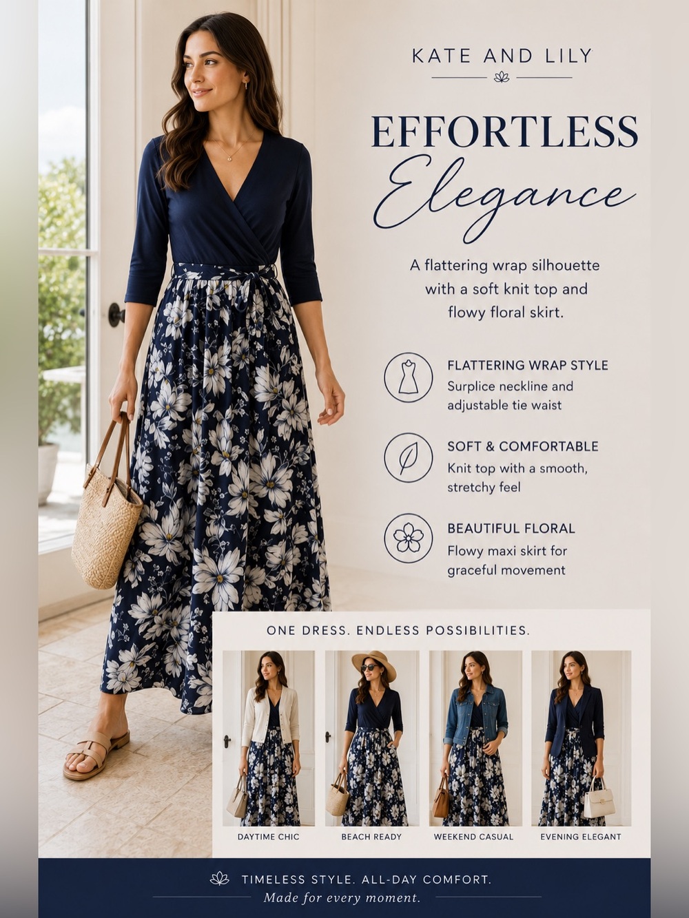Knit & Co. Navy Floral Wrap Maxi Dress